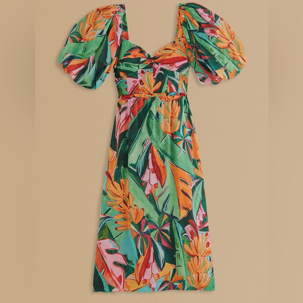 Multicolor Banana Foliage Puff Sleeve Midi Dress